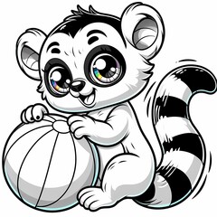 Cute lemur playing with a ball, simple black and white preschool coloring page