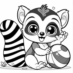 Cute lemur playing with a ball, simple black and white preschool coloring page