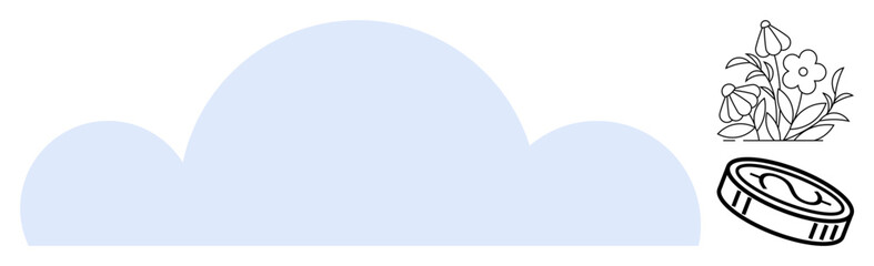 Minimalist cloud shape, potted flowers, and coin. Ideal for success, growth, sustainability, nature, wealth ecology investment. Represents prosperity in a simple flat metaphor