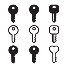 Collection of various key icons in different shapes and styles, representing security, access control, protection, privacy, and lock systems for digital interfaces, branding, and graphic design projec