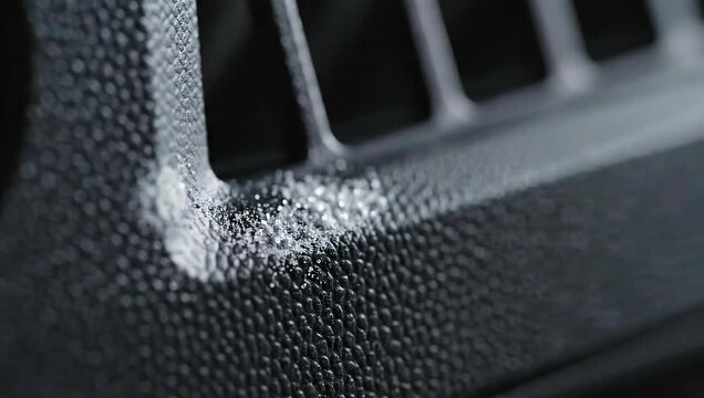 Close up of a textured black plastic surface with air vent details