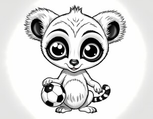 Cute lemur playing with a ball, simple black and white preschool coloring page