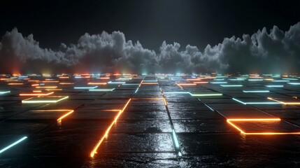 Stunning futuristic landscape with glowing neon grid lines and dramatic clouds, evoking digital worlds and abstract concepts.