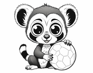 Cute lemur playing with a ball, simple black and white preschool coloring page