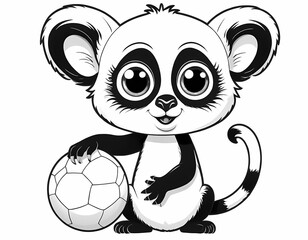 Cute lemur playing with a ball, simple black and white preschool coloring page