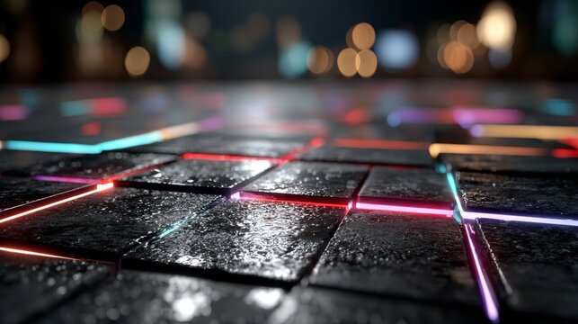 Dynamic neon lights illuminate wet urban pavement at night, creating a vibrant, futuristic cityscape atmosphere for modern technology or nightlife themes. - Powered by Adobe