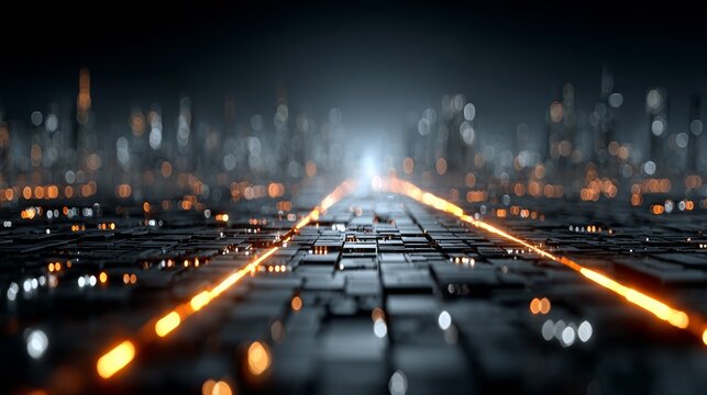 Dynamic futuristic cityscape with glowing orange light trails illuminating a digital data highway concept