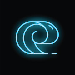 Obraz premium Bright blue neon sign depicting ocean wave breaking on black background
