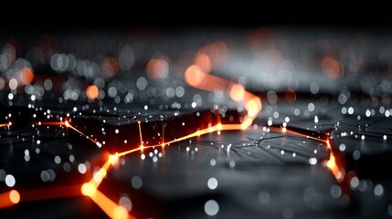 Dynamic glowing network connections illuminate abstract digital landscape with futuristic bokeh lights