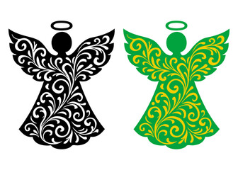 Fototapeta premium Logo con ángel con líneas y volutas para tarjetas y felicitaciones de Navidad 