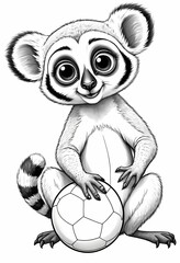 Cute lemur playing with a ball, simple black and white preschool coloring page