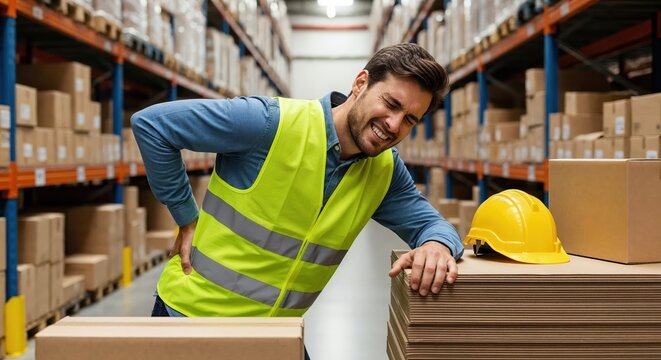 Warehouse worker suffering back pain after heavy lifting representing workplace safety and injury prevention. - Powered by Adobe
