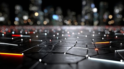 Dynamic network connections glow across a futuristic cityscape at night, symbolizing data flow and global connectivity.