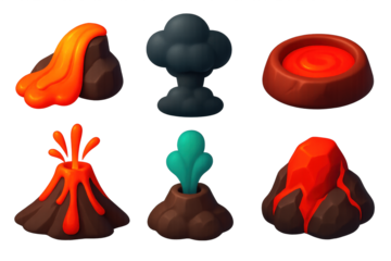 Series of six different types of volcanoes, including a lava flow