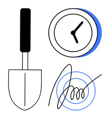 Gardening trowel alongside a clock and a spiral overlapping line. Ideal for growth, time management, creativity, productivity, planning, sustainability, focus. A simple flat metaphor