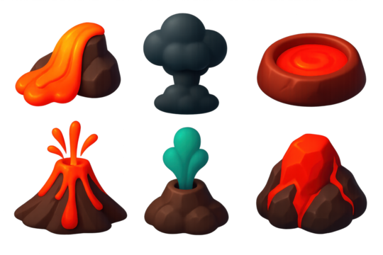 Series of six different types of volcanoes, including a lava flow