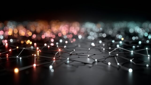 Dynamic glowing network of connected points and lines, abstract futuristic technology background with bokeh lights - Powered by Adobe