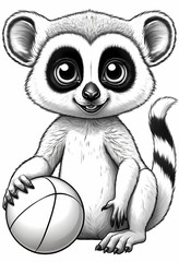 Cute lemur playing with a ball, simple black and white preschool coloring page
