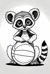 Cute lemur playing with a ball, simple black and white preschool coloring page