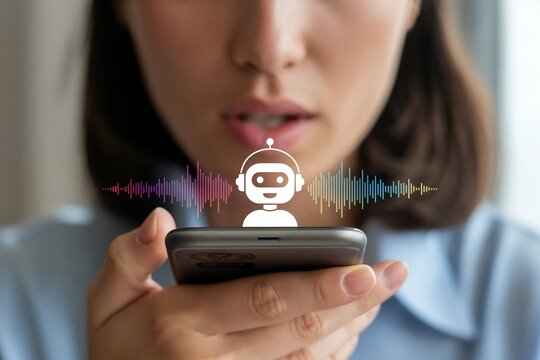 Woman interacting with chat bot on mobile phone, artificial intelligence voice assistant technology concept.