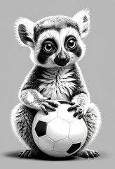 Cute lemur playing with a ball, simple black and white preschool coloring page