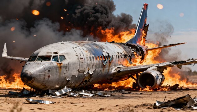 Burning airplane crash wreckage with flames smoke and debris representing aviation disaster and emergency scene.