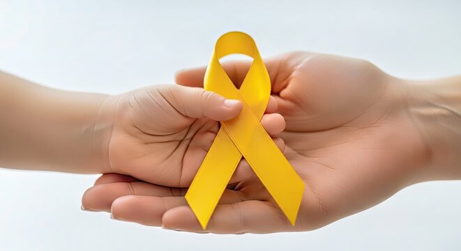 Child Holding Adult Hand with Yellow Ribbon Symbolizing Unity Hope and Support