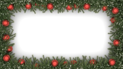 Festive Christmas frame with vibrant red ornaments and snowy evergreen branches, perfect for holiday greetings and winter promotions, conveying warmth and joy