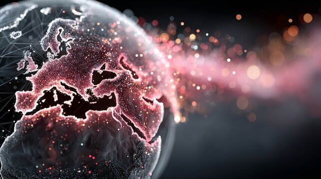 Vibrant digital network pulses with global data illuminating Europe in a dazzling display of interconnectedness and progress