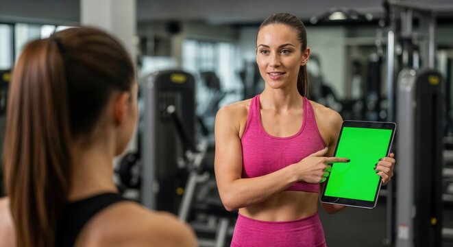 Female personal trainer showing digital tablet with green screen to client in gym for editable sports and fitness content. - Powered by Adobe