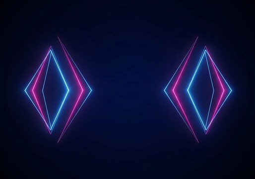 Abstract background with two glowing neon rhombus shapes, one blue and one pink, on a dark background, futuristic digital art