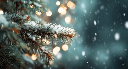 Snow-Covered Pine Branch with Warm Bokeh Lights and Falling Snowflakes in Winter Scene