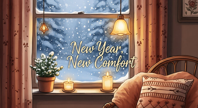 Cozy new year scene with snow outside window, new year event