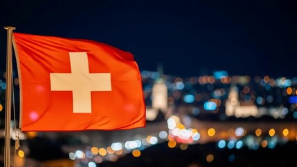 Switzerland flag waving at night over city lights. Patriotism and national pride celebration on Swiss national day.