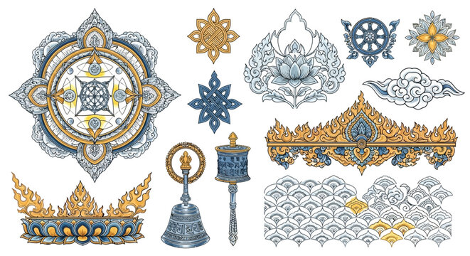 Intricate Tibetan Buddhist Mandala Thanka Vector Collection Dharma Wheel Sacred Geometry Elements