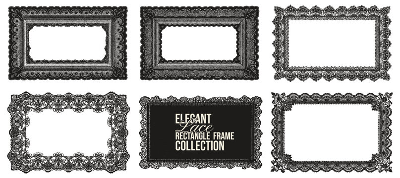 Elegant gothic lace border pattern vector set. Floral embroidery trim design with scallop edges, ornamental texture. Vector rectangular frame illustration for wedding collage or scrapbook.