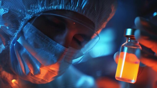 Science Experiment Revelation: In a dimly lit laboratory, a dedicated scientist, clad in protective gear, meticulously examines a vial filled with a vibrant, glowing liquid.