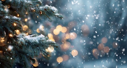 Snow-Covered Christmas Tree Branches with Warm Lights and Falling Snow in Night Scene