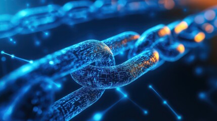 A close up of a blue digital chain with glowing connections against a dark background in a network view