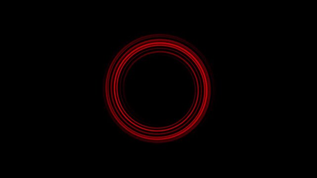 A glowing red circle made of multiple thin rings on a black background in center view shot