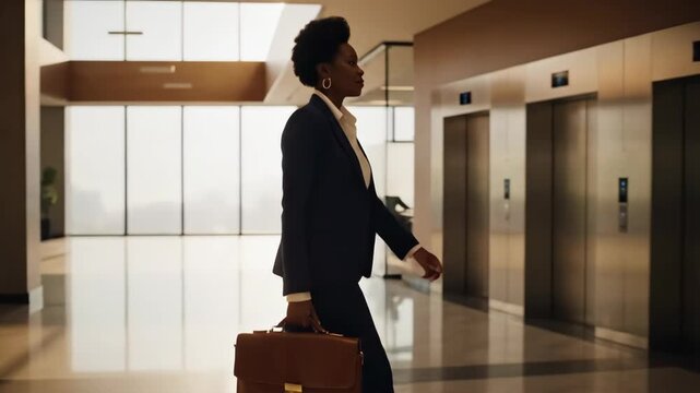 Elegant businesswoman traveling. Businesswoman walking with briefcase past elevators in office building. Concept businesswoman walking to meetings, and businesswoman traveling for video production.