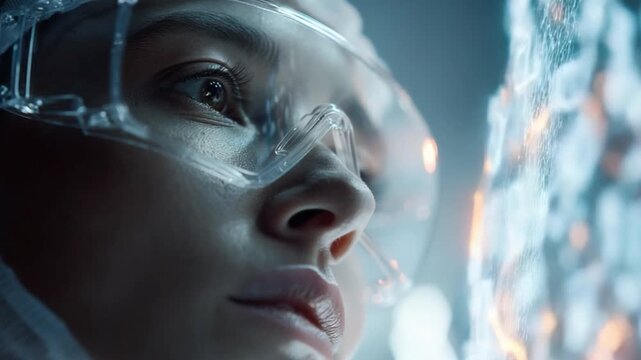 Focused Scientist: A focused scientist, shielded by protective eyewear, peers intently at a display of advanced technology.