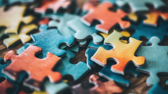 Colorful jigsaw puzzle pieces scattered on a wooden surface. Various shapes and colors create a vibrant and engaging scene.