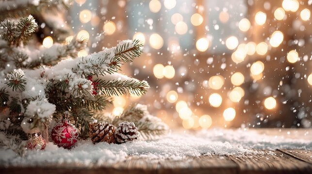Festive Christmas scene with snow-covered pine branches, ornaments, and bokeh lights creating a warm holiday ambiance