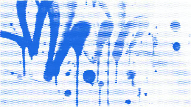 Urban blue graffiti halftone design with ink drips, spray stains, and bold comic tone. Street art background for modern poster or abstract texture layout.