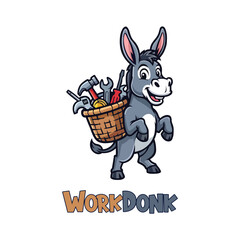 Playful Cartoon Donkey Mascot Logo Carrying Tools Basket Hammer Wrench Coins | Cheerful Hardworking Animal Character Flat Vector Illustration and Branding Pack