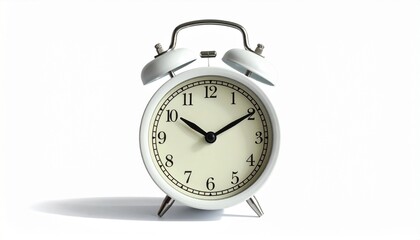 A large white analog alarm clock showing 10:10, placed on a plain white background. A miniature figure in business attire with a briefcase walks beside the clock, creating a symbolic contrast in scale