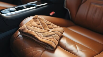 Obraz premium A close-up of a brown leather car seat with a folded, quilted blanket resting on it. The interior is modern and luxurious, showcasing fine craftsmanship.