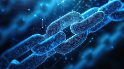 A close up of a blue chain with glowing particles and a dark background with light effects