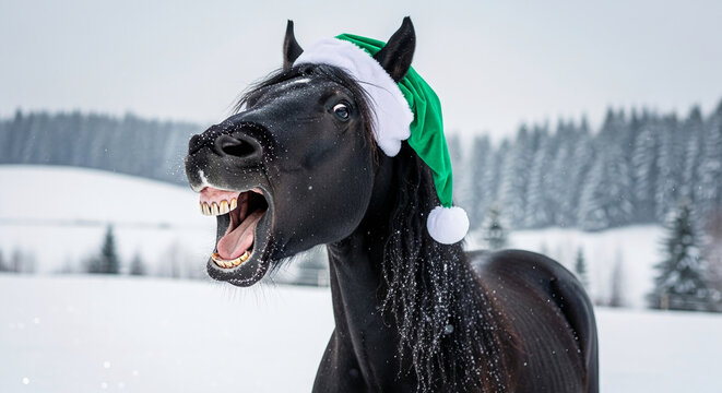 Black horse with open mouth, wearing green santa hat on snowy field. Festive, humor, holiday concept, funny, festive mood, laughter, animal portrait.